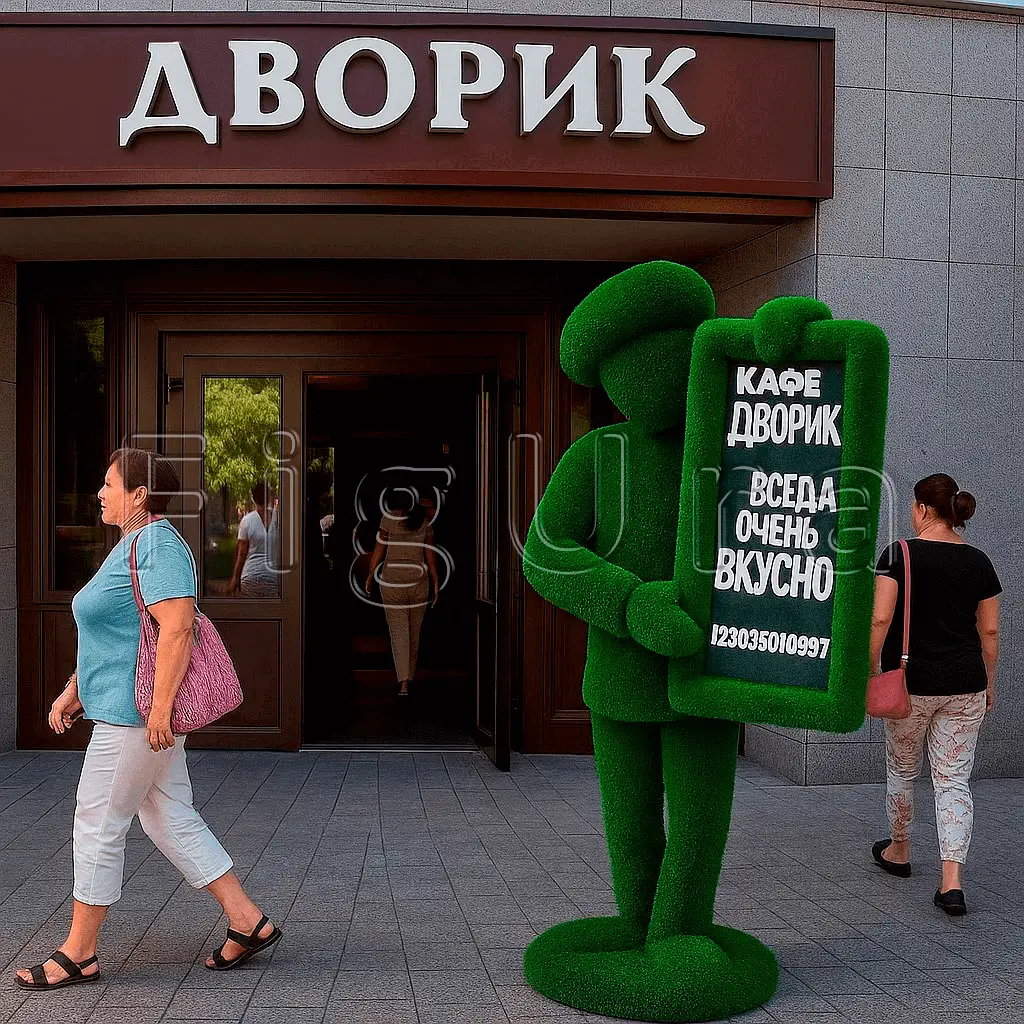 Вход в кафе "Дворик" с фигурой в виде зелёного человека с рекламной табличкой