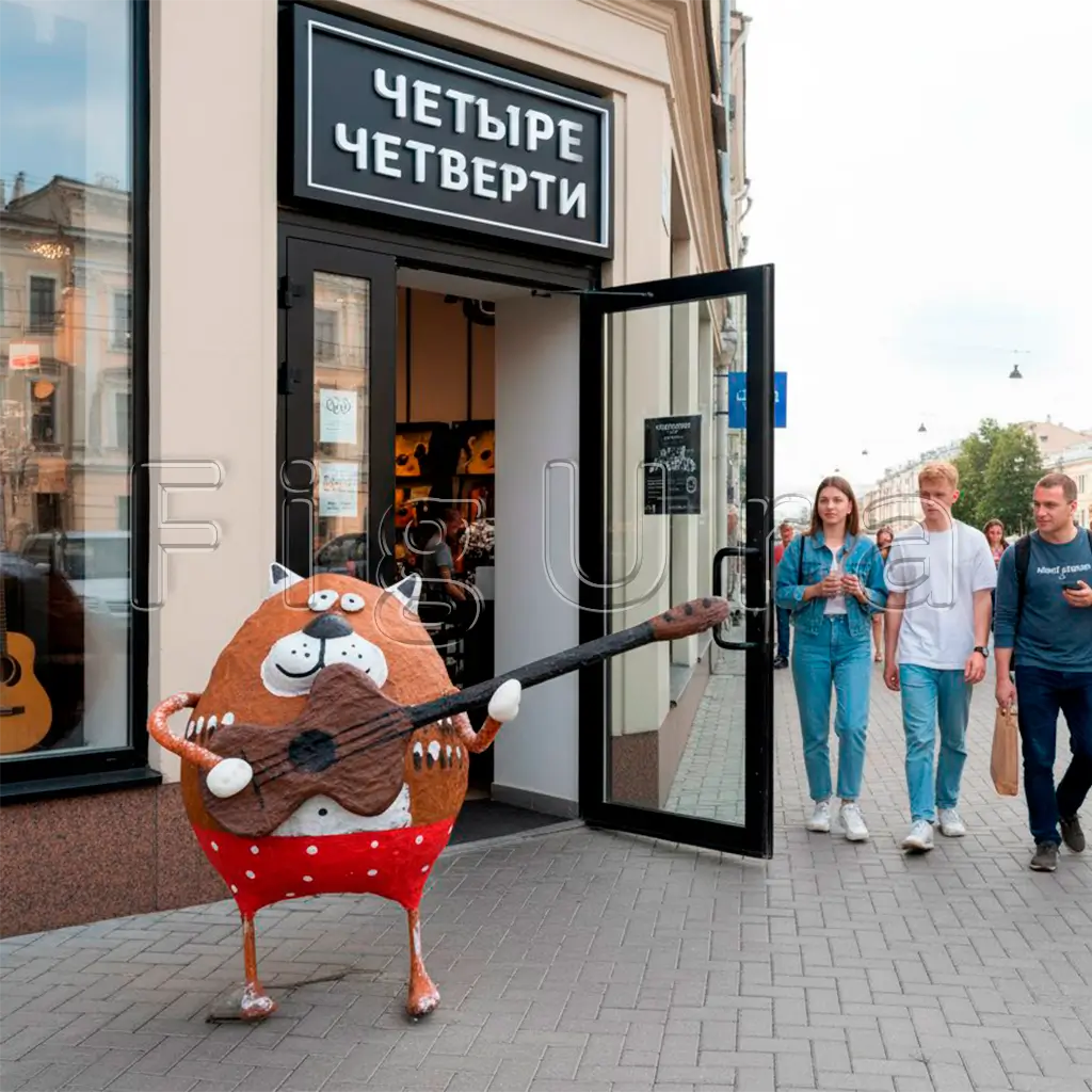 Скульптура кота с гитарой возле входа в музыкальный магазин "Четыре четверти".